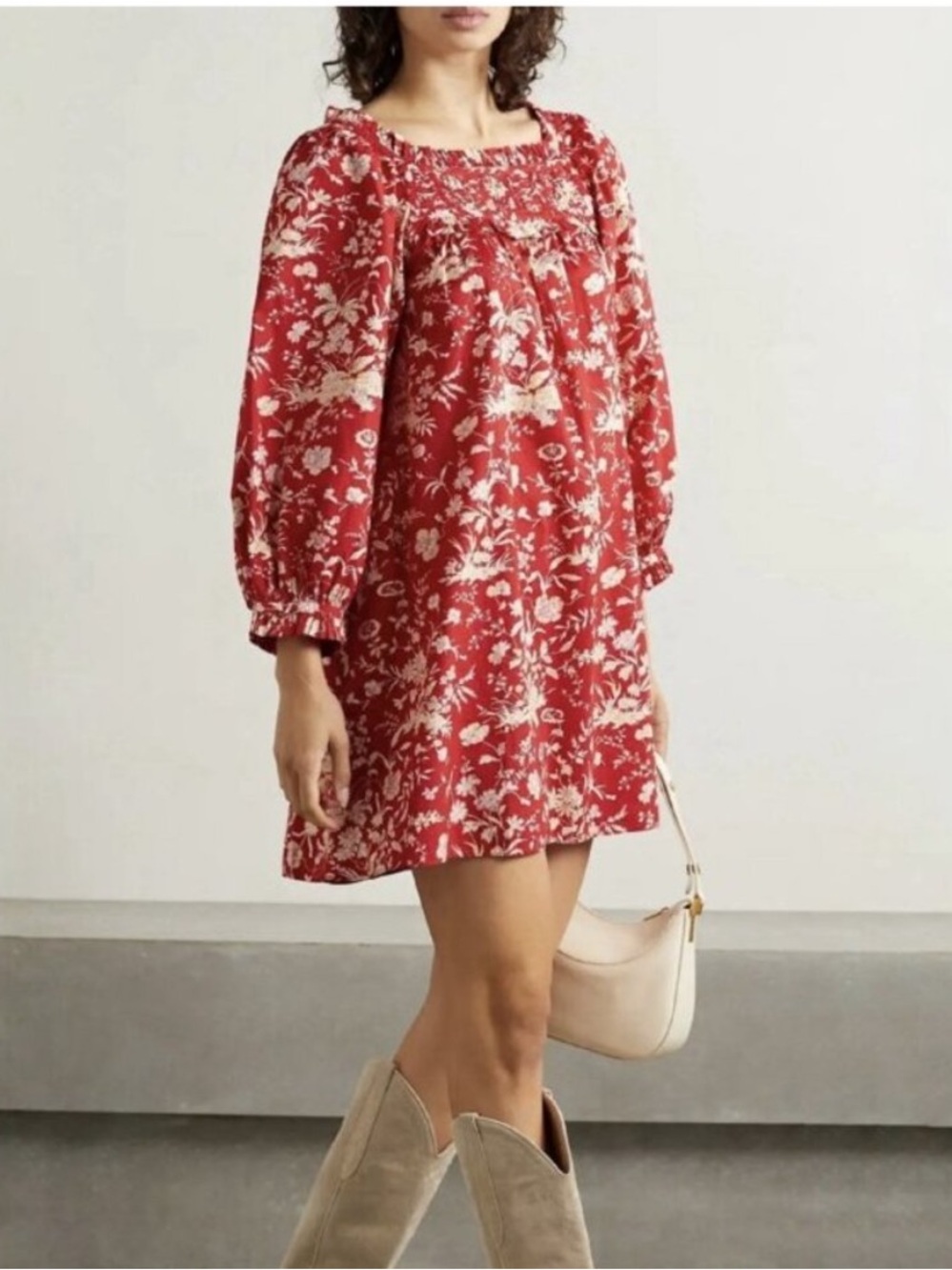 Doen Acton Red Floral
Pintucked Mini Dress Long Sleeve Cotton Poplin XS